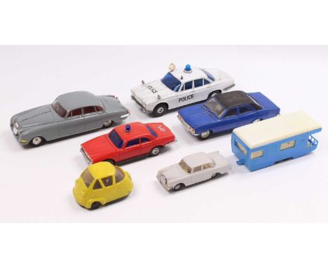 A collection of seven plastic mixed scale vehicles to include a Lucky Toys of Hong Kong Police car, a TAT for Telsalde Jaguar