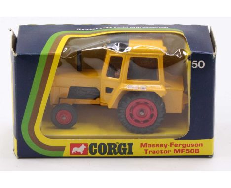 A Corgi Toys No. 50 Massey Ferguson MF50B tractor, comprising yellow body with red plastic hubs and driver figure, housed in 