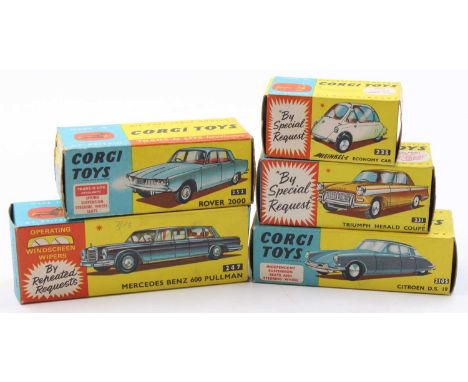 A collection of five good condition empty Corgi Toy boxes, to include No. 247 Mercedes Benz Pullman, No. 231 Triumph Herald C