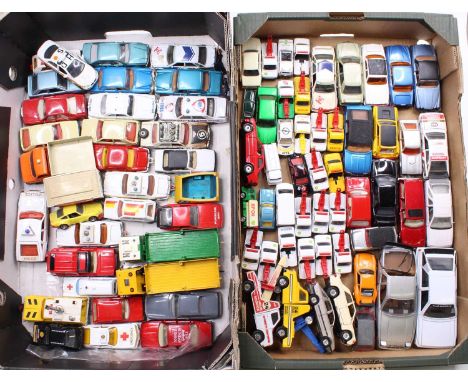 Two trays containing a quantity of mixed mainly Corgi related loose diecast vehicles, mixed scales, to include a Mercedes Ben