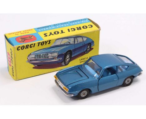 A Corgi Toys No. 332 Lancia Fulvia Sport Zegato comprising of metallic blue body with blue interior, housed in the original b