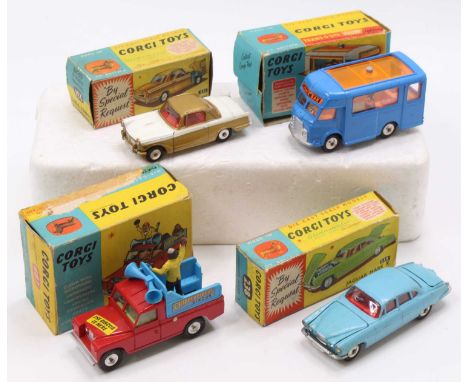 One tray containing four boxed and slightly playworn Corgi Toy diecast vehicles to include No. 238 Jaguar Mk X, No. 471 Smith