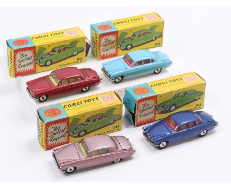 A collection of four various boxed and playworn Corgi Toy No. 238 Jaguar Mk X to include a metallic blue, light blue, metalli
