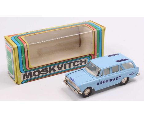 A Russian diecast 1/43rd scale model of a Moskvitch, light blue body, with a white interior, with 'Aeroflot' livery, sold in 