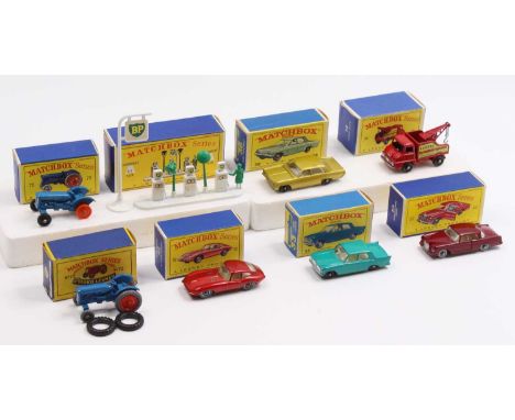 One tray containing eight various boxed Matchbox 1/75 series diecast vehicles and roadside accessories to include a No. A1 BP
