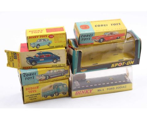 A small collection of Dinky, Corgi, Spot-On, and other original empty boxes, with examples including a Dinky Toys No. 155 For