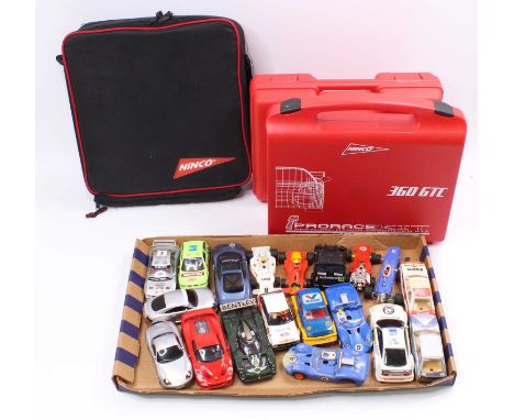 A collection of loose play-worn Scalextric, SCX, and similar vehicles, with examples including a Scalextric Ford Fiesta, an S