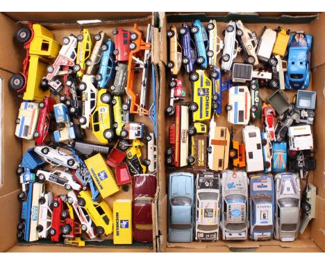 Two trays containing a quantity of mixed loose diecast vehicles to include Corgi toys, Dinky toys, and others, specific examp