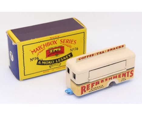 Matchbox Lesney No. 74 Mobile Refreshments Canteen, cream body, with a light blue base, grey plastic wheels, and 'refreshment