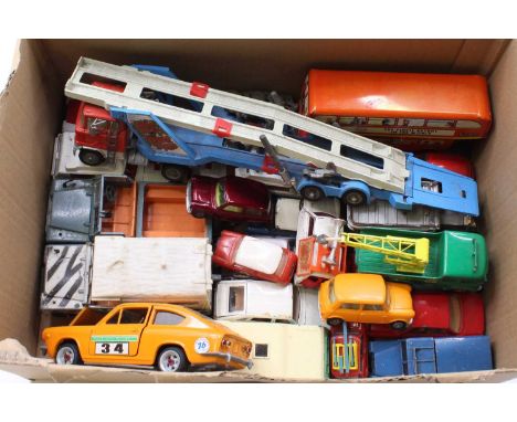 One tray containing a quantity of mixed playworn diecasts and tinplate vehicles to include Corgi Toys, Matchbox and similar