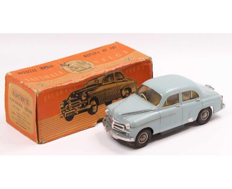 A Victory Industries of Guildford plastic and battery operated model of a 1/18 scale Vauxhall Velox in light blue, some play-