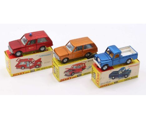 A Dinky Toys boxed Landrover diecast group to include a No. 195 Fire Chief's car, a No. 192 Speed Wheels Range Rover, and a N