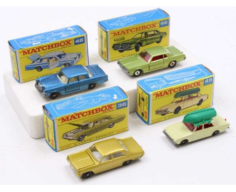 A collection of four boxed Matchbox type E diecast vehicles to include a No. 46 Mercedes 300 SE Coupe, a No. 62 Mercury Couga