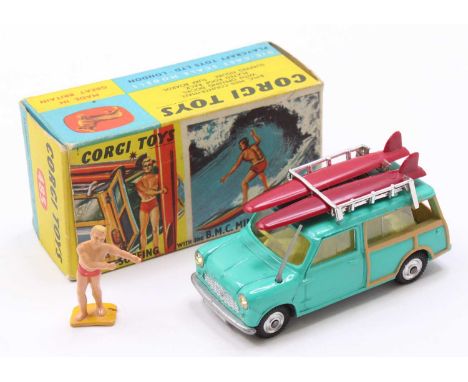 Corgi Toys No. 485 BMC Mini Countryman with surfing figure, comprising of a turquoise body with lemon interior and spun hubs,