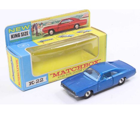 A Matchbox King Size K-22 Dodge Charger, comprising of dark metallic blue with light blue interior and chrome hubs, housed in
