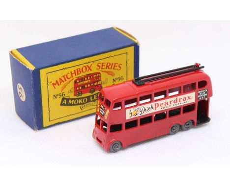 Matchbox Lesney No. 56 London Trolleybus, red body, with metal wheels, a black base, and 'Drink Peardrax' decals, a rare issu