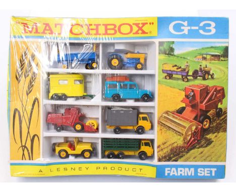 A Matchbox gift set 3 Farm Set, comprising of eight various agricultural diecast vehicles to include farm tractor and hay tra