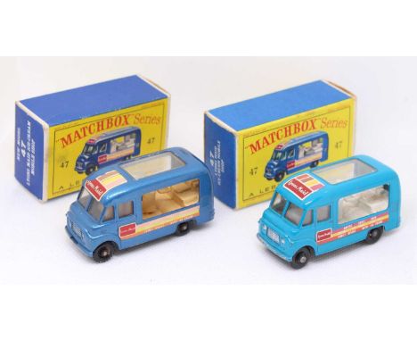 Matchbox Lesney boxed model group, 2 examples of No. 47 Commer Ice Cream Van, with the first in metallic blue, with a cream i