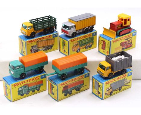 A collection of six boxed Matchbox F type boxed commercial diecast vehicles to include a No. 4 Stake truck, No. 16 Case tract