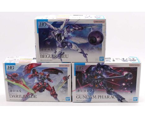 Ban Dai High Grade Gundam 1/144th scale group of 3 comprising Gundam Pharact, Darilbalde, and Beguir-Beu, all in their origin