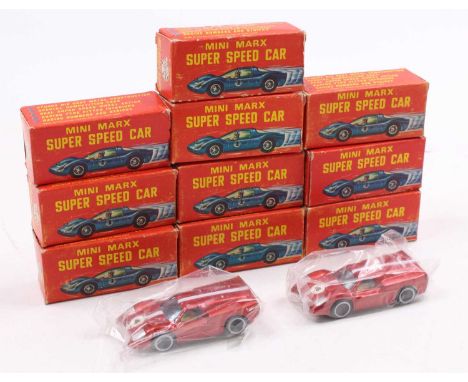 10 Marx Toys Mini Marx Super Speed Car Ford J Racing Car, all with a metallic red body, grey base, white stripe, and RN4, all