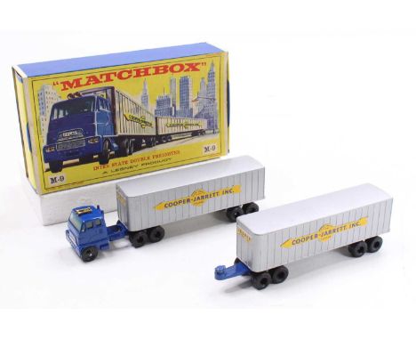 Matchbox lesney Major Pack M9 Cooper Jarrett Interstate Freighter, blue tractor unit, with silver trailers, and "Cooper-Jarre