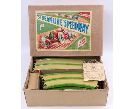 A Louis Marx &amp; Co. No. E50 tinplate &amp; clockwork streamlined speedway gift set, housed in the original buff coloured a