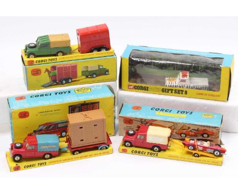 A collection of Landrover interest Corgi toys to include a playworn gift set 17 Ferrari racing car Landrover and trailer gift