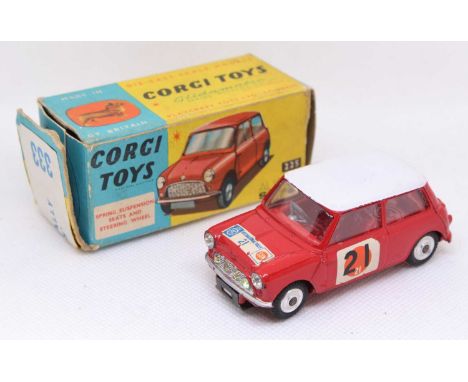 Corgi Toys, No.333 BMC Mini Cooper S "RAC International Sun Rally", red body and interior, white roof, spun hubs, racing No.2