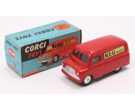 Corgi Toys, 403M, KLG Plugs Bedford Delivery Van, red body with KLG Livery and spun hubs, housed in the original blue card bo