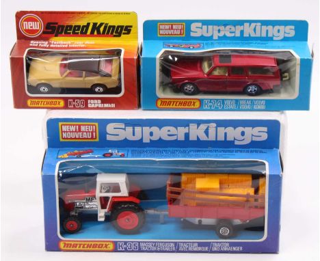 Three various boxed Matchbox Super Kings and Speed Kings diecast vehicles to include a K-35 Massey Ferguson tractor and trail