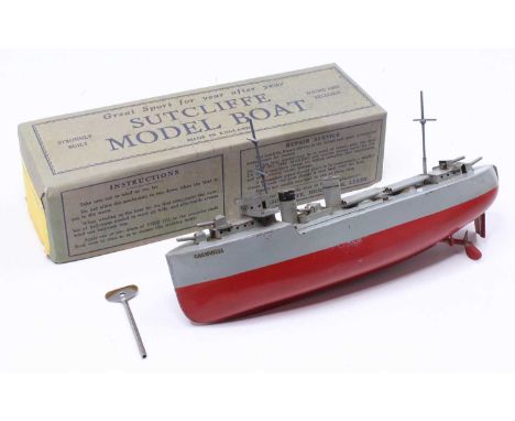 Sutcliffe Models tinplate and clockwork model of a Grenville Destroyer comprising of grey and red body with Grenville letteri