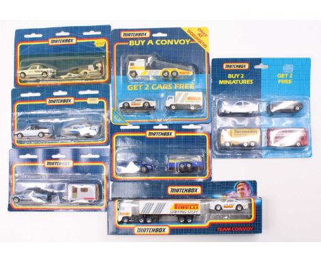 A collection of Matchbox late issue twin packs and gift sets to include Matchbox BMW Cabriolet with sport boat and trailer, a