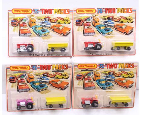 Four Matchbox 1/75 series TP-2 tractor and trailer twin packs, three examples comprising red tractor with yellow trailer, the
