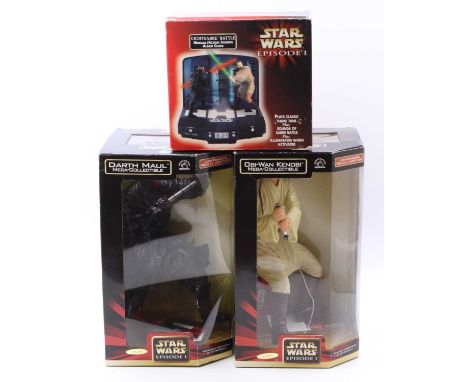 A Star Wars Episode One interactive action figure and alarm clock group to include Obi-Wan Kenobi, Darth Maul and a light sab