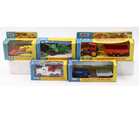 A collection of five boxed Matchbox King Size diecast vehicles, mixed boxed conditions, to include No. K3 Massey Ferguson tra