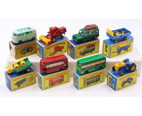 A collection of eight various boxed Matchbox 1/75 series diecast vehicles to include a No. 39 and No. 40 farm tractor and hay