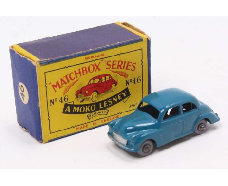Matchbox Lesney No. 46 Morris Minor 1000, blue body, with grey plastic wheels, and silver trim, some very light edge wear to 