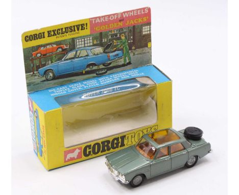 A Corgi Toys No 275 Rover 2000 TC, comprising metallic green body with light brown interior and cast work hubs, housed in the