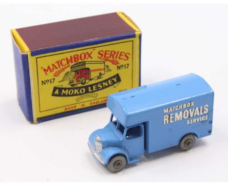 Matchbox Lesney No. 17 Bedford Removals Van, light blue body, with metal wheels, silver trim, and 'Matchbox Removals Service'