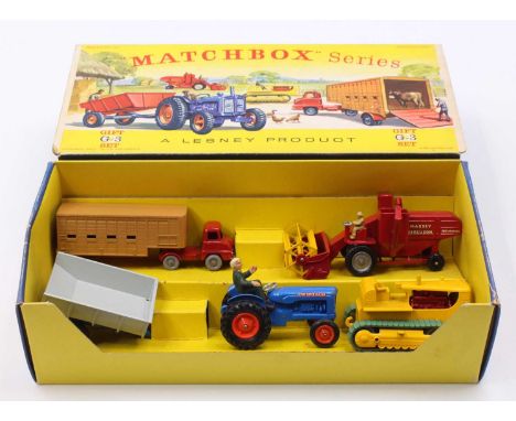 A Matchbox Series gift set 3 farming set, comprising of Fordson Super Major tractor with trailer, D9 Caterpillar, Jennings ca