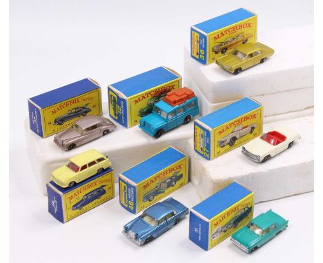 One tray containing seven various 1/75 series Matchbox diecast vehicles to include a No. 33 Ford Zephyr 3, a No. 27 Mercedes 