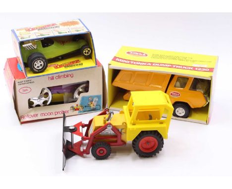 A collection of mixed plastic and pressed steel toys to include a Triang large scale model of a tractor with a snowplough, a 