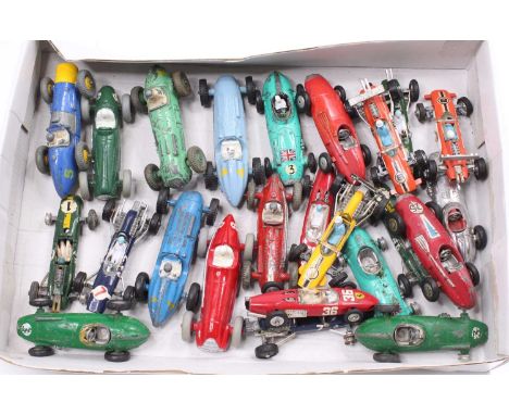 A collection of play-worn and repainted Dinky and Corgi Toys Racing Cars, with examples including a Dinky Toys No. 23H Ferrar