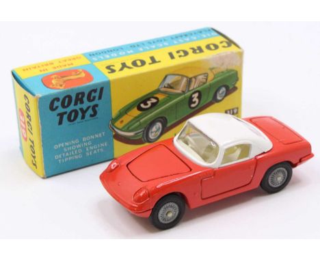 Corgi Toys No. 319 Lotus Elan Coupe comprising of red and white body with cream interior, fitted with cast hubs and housed in