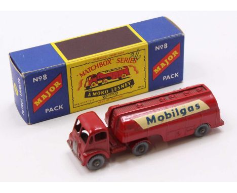 Matchbox Lesney Major Pack No. 8 Mobilgas Petrol Tanker with Thorneycroft Tractor Unit, red body, with grey plastic wheels, a