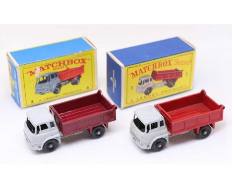 Matchbox Lesney boxed group, 2 examples of No. 3 Bedford End Tipper, with the first having a grey body &amp; chassis, with a 