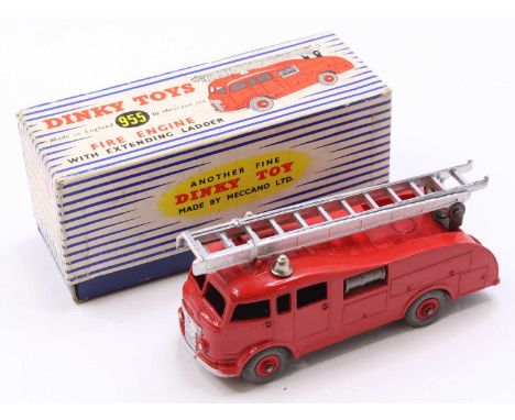 Dinky Toys No. 955 fire engine comprising red body with matching hubs and silver ladder in the original lift-off lid blue &am