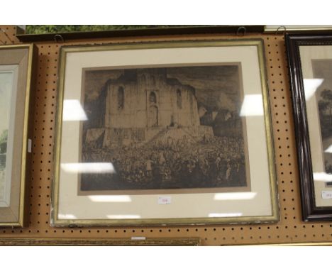 German School - Etching - Market scene, 37cm x 47cm, indistinctly signed in pencil to margin, in painted frame and glazed. So