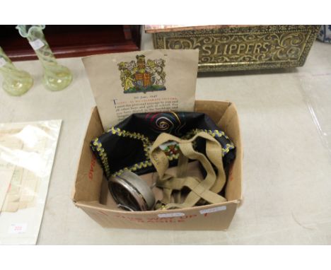 Box containing WW2 certificate, Webbing, Clock & Silk Embroidery